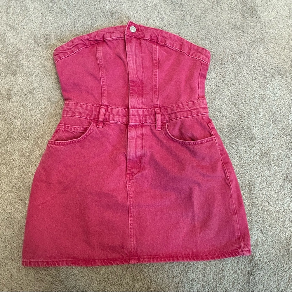 Zara pink denim Jean strapless mini dress Barbie Sz M - Picture 5 of 17